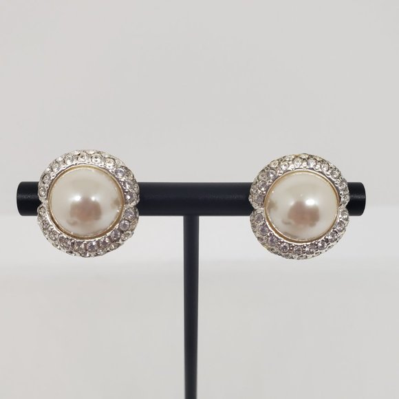 Carolee Clip-On Earrings Pave Rhinestones Faux Pearl Cabochons Silver Tone - Picture 3 of 10